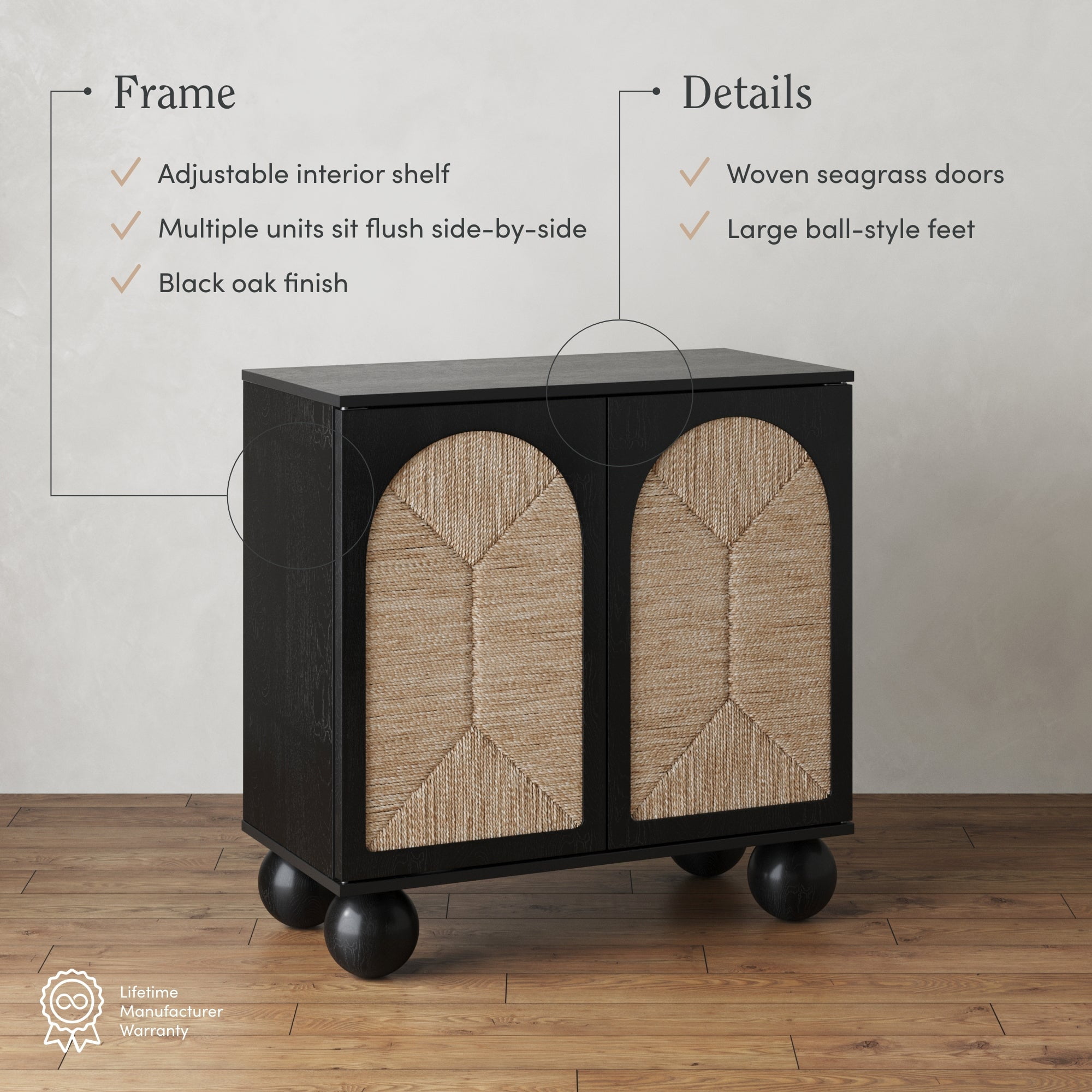 Nathan James Leah Boho Entryway Storage Cabinet or Sideboard Cabinet for Kitchen or Living Room with Ball-Style Feet, Natural Seagrass Door Fronts and Solid Wood Legs, Black
