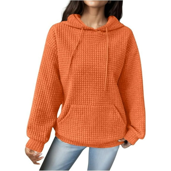 Women Fall Hoodies Sweater Casual Pullover Waffle Casual Long Sleeve Shirts Drawstring Loose Hooded Sweatshirt with Pocket