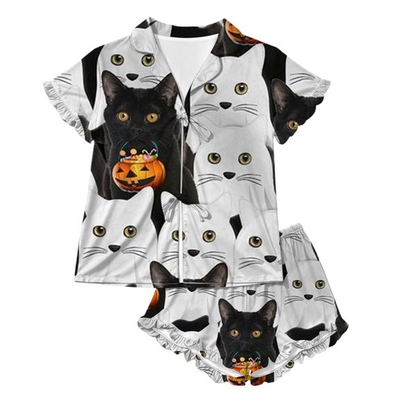 MEZZALL Girls Halloween Pajama Sets With Sleepwear Two Piece Cozy Short Sleeve Lapel Button Shirts Blouse Tops With Shorts For Toddler Kids Nightwear