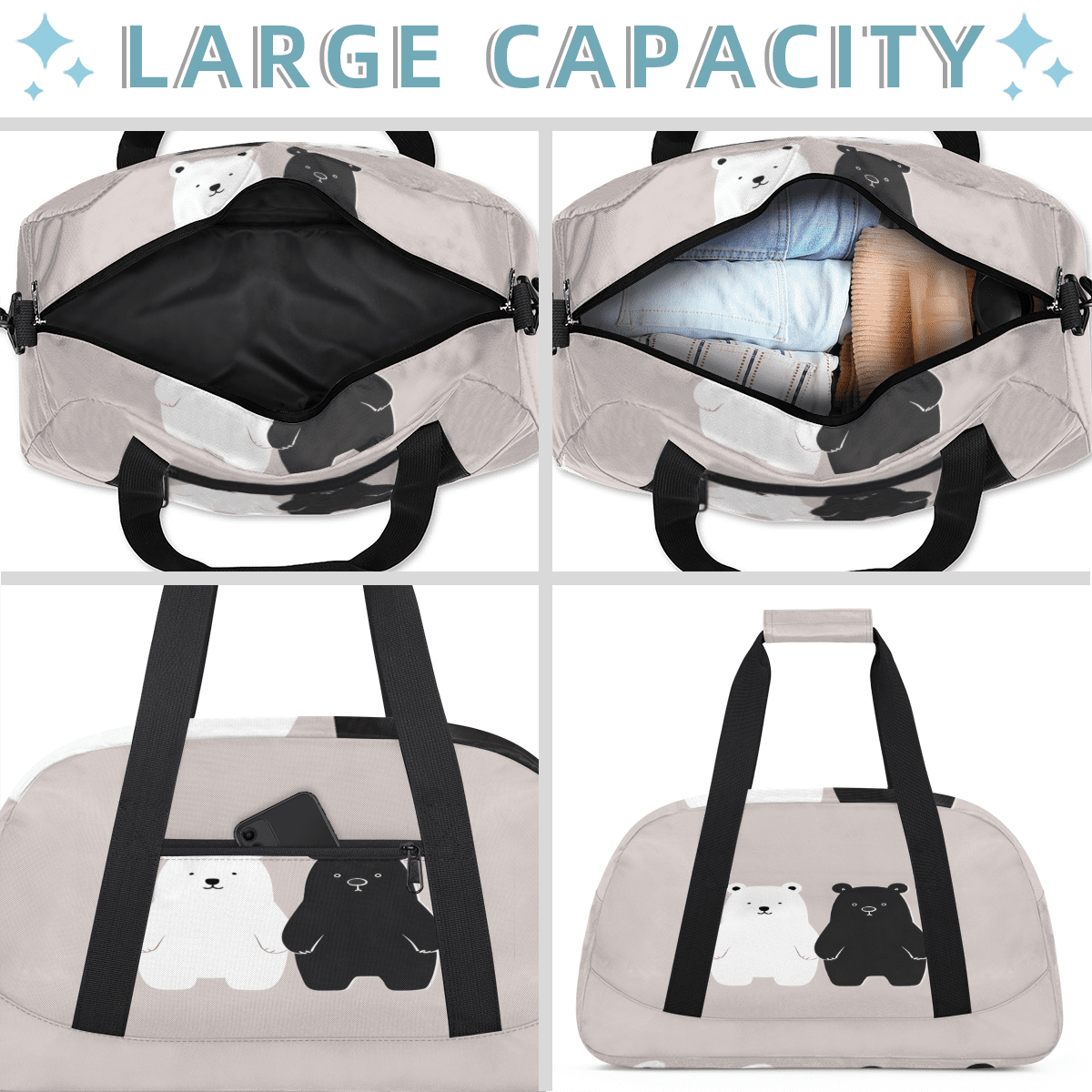 Herdesigns Cute Sports Duffle Bag for Women & Men, Black and White Bear Gym Bag Dance Bag Overnight Bag Carry On Weekender Travel Bag