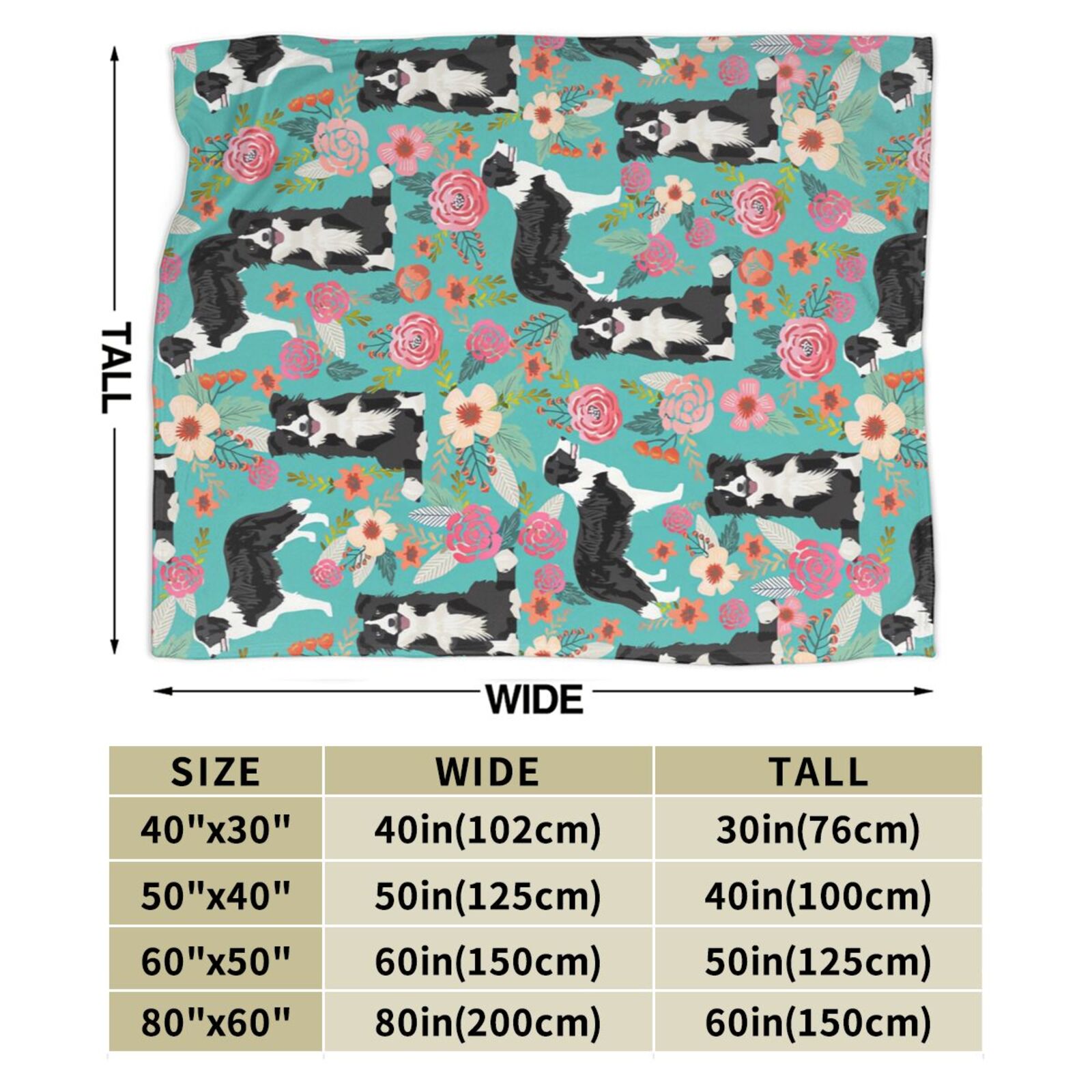 Wijzvio Border Collie Dogs Flower Floral Throw Blanket Soft Fuzzy Fleece Blanket For Couch Bed Living Room Decoration 60"X50"