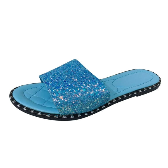JeashCHAT Women's Flat Sandals Glitter Shiny Rhinestone One Band Round Open Toe Fashion Slide Sandals Women Dressy Summer Beach Slippers