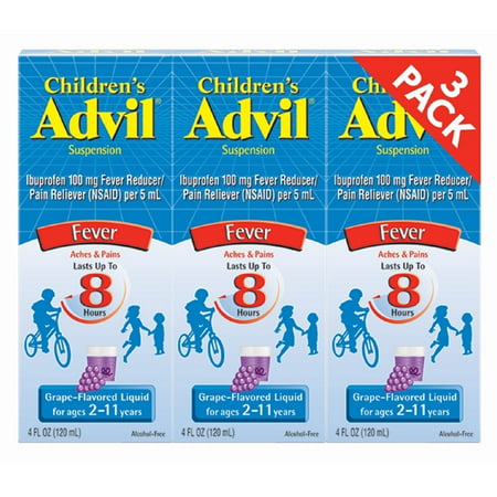 Children's Advil Suspension Ibuprofen 100mg Fast Pain Reliever and Fever Reducer Grape Flavor Liquid 3 Pack Of 4 OZ Ea