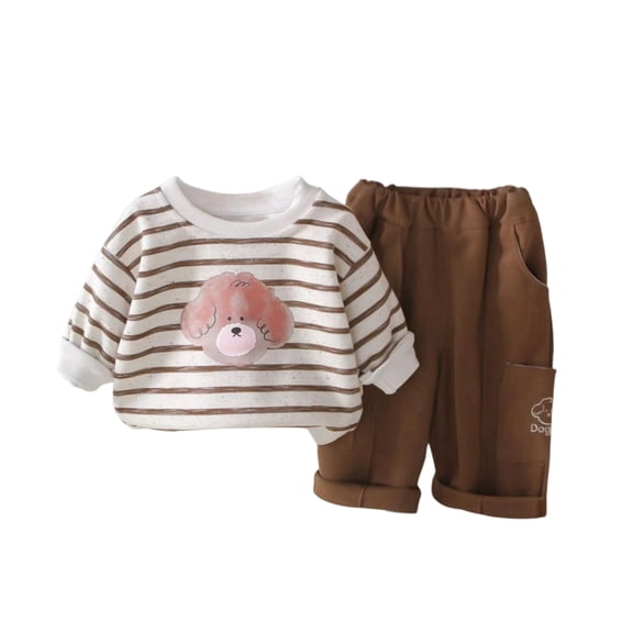 Toddler Pullover Long Sleeve Striped Top with Dog Print and Elastic Waist Pants Set Casual Outfit for Boys Girls
