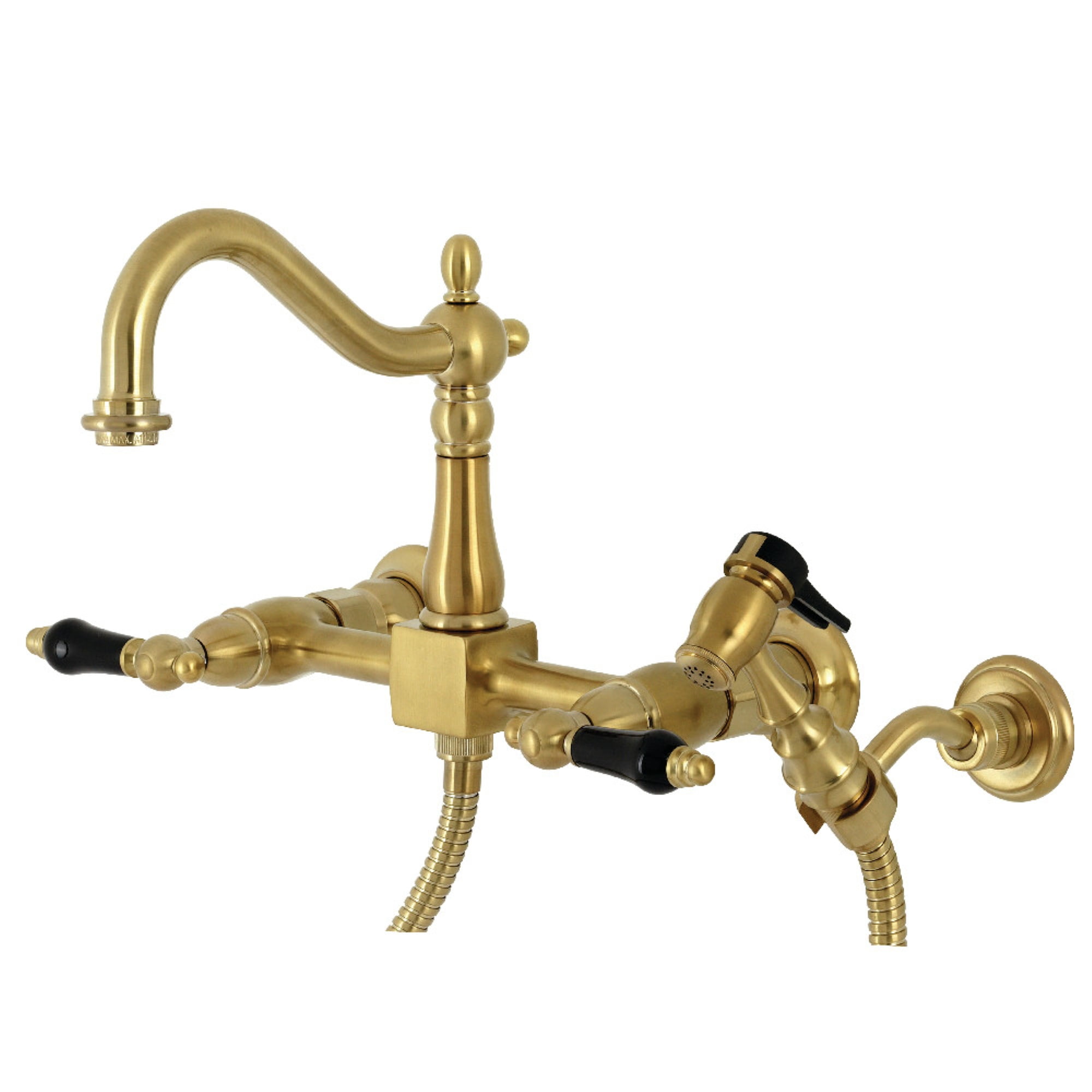 Kingston Brass KS1267PKLBS Duchess Wall Mount Bridge Kitchen Faucet with Brass Sprayer, Brushed