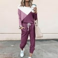 thumbnail image 2 of Yeaiivve Womens Two Piece Outfits Color Block Casual Sweatsuits Jogging Matching Suits Crewneck Long Sleeve Pullover and Drawstring Sweatpants Set Purple S, 2 of 5