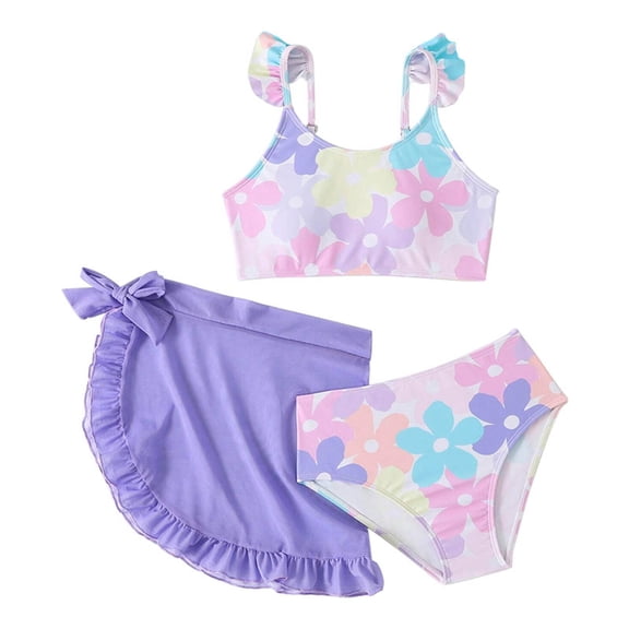 JUMEYU Swim Suits for Girls Girl's 3 Piece Swimsuits O Ring Textured Bathing Suit with Sarong Cover Up Skirt Size 9-10 Years (Purple,9-10 Years)