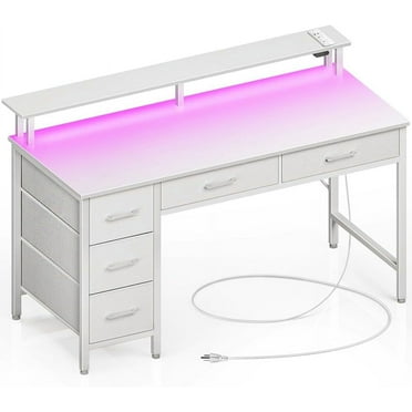 39-inch Modern White Computer Desk with Built-in Power Outlets, USB Ports & LED Light – Home Office Desk with 5 Drawers, Monitor Stand & Ergonomic Design for Small Spaces