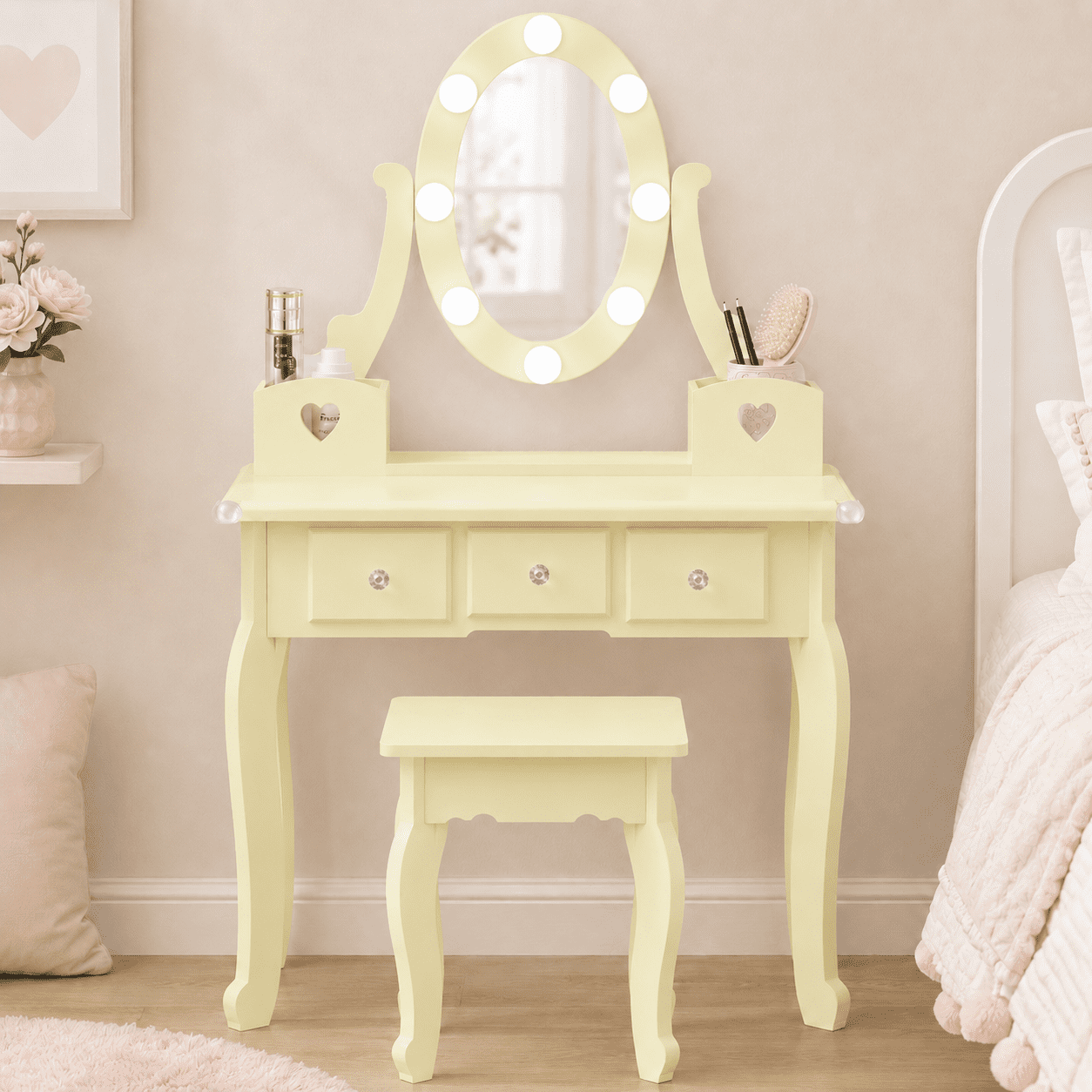 Ktaxon Kids Play Makeup Vanity Set with 3-Color Light, Girls Vanity Dresser Desk with Matching Stool, Light Yellow