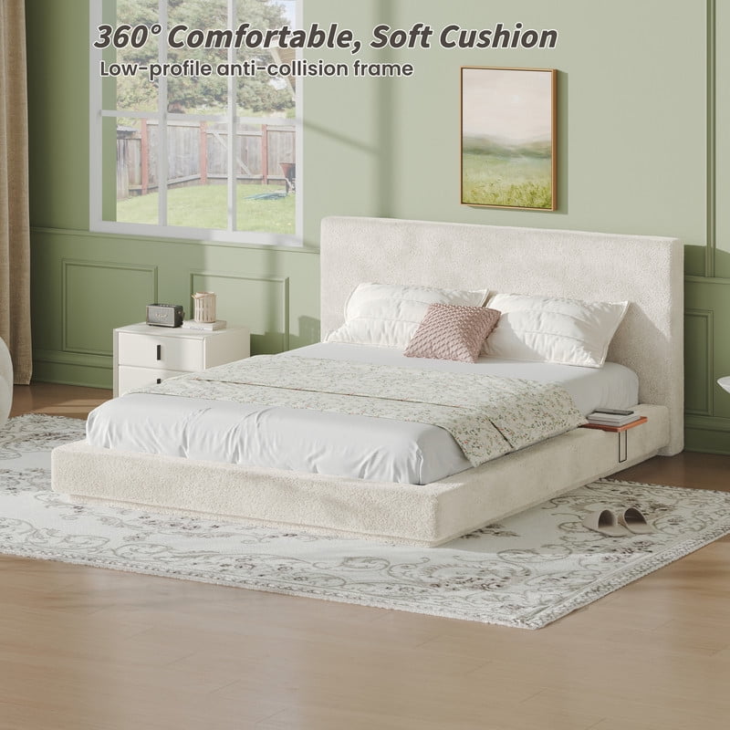 Queen Size Upholstered Low-Profle Floor Bed with Headboard & Steel Frame, Storage Platform Bed Frame with 2 Sliding Shelves