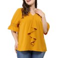 thumbnail image 3 of Agnes Orinda Women's Plus Size Blouse Ruffle Front Smocked Sleeves V Neck Solid Casual Tops 4X Yellow, 3 of 9