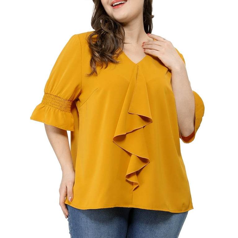 Unique Bargains Women's Plus Ruffle Loose V Neck Smocked Sleeves Top 