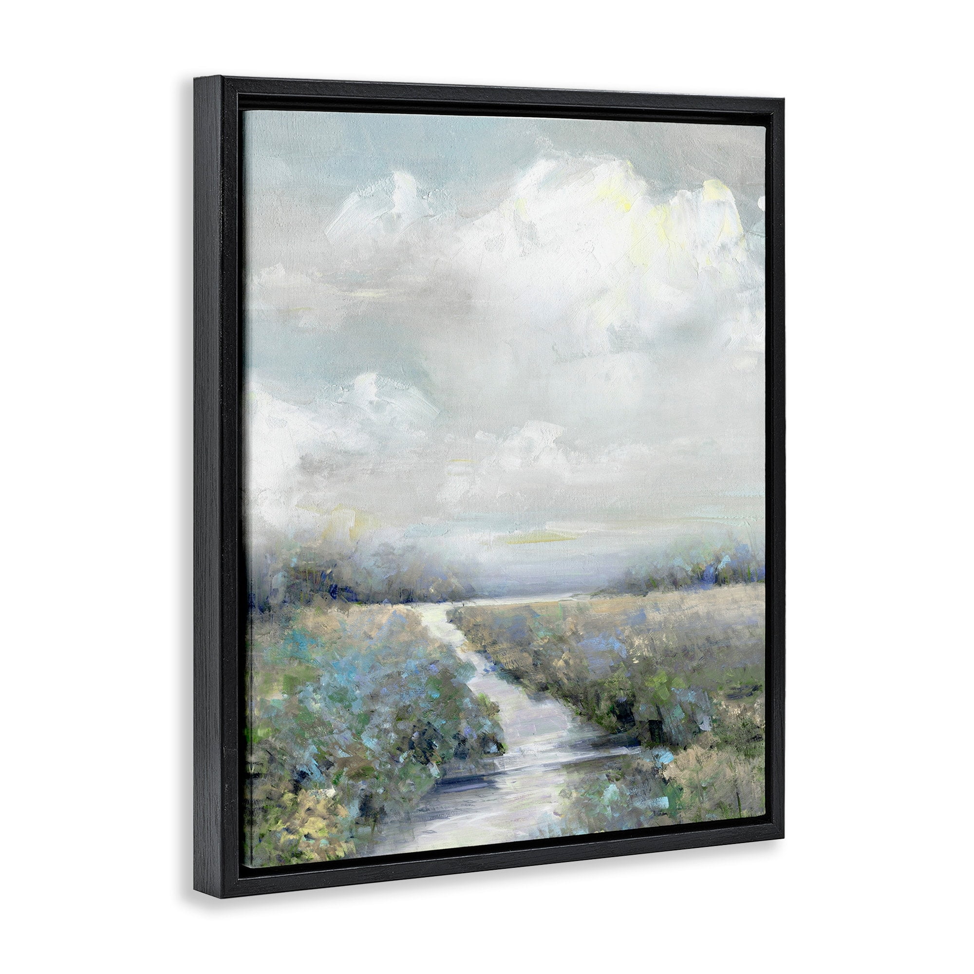 Stupell Industries Tranquil Flowers Blooming Meadow Path Puffy Clouds Painting Jet Black Floating Framed Canvas Print Wall Art, Design by Sally Swatland