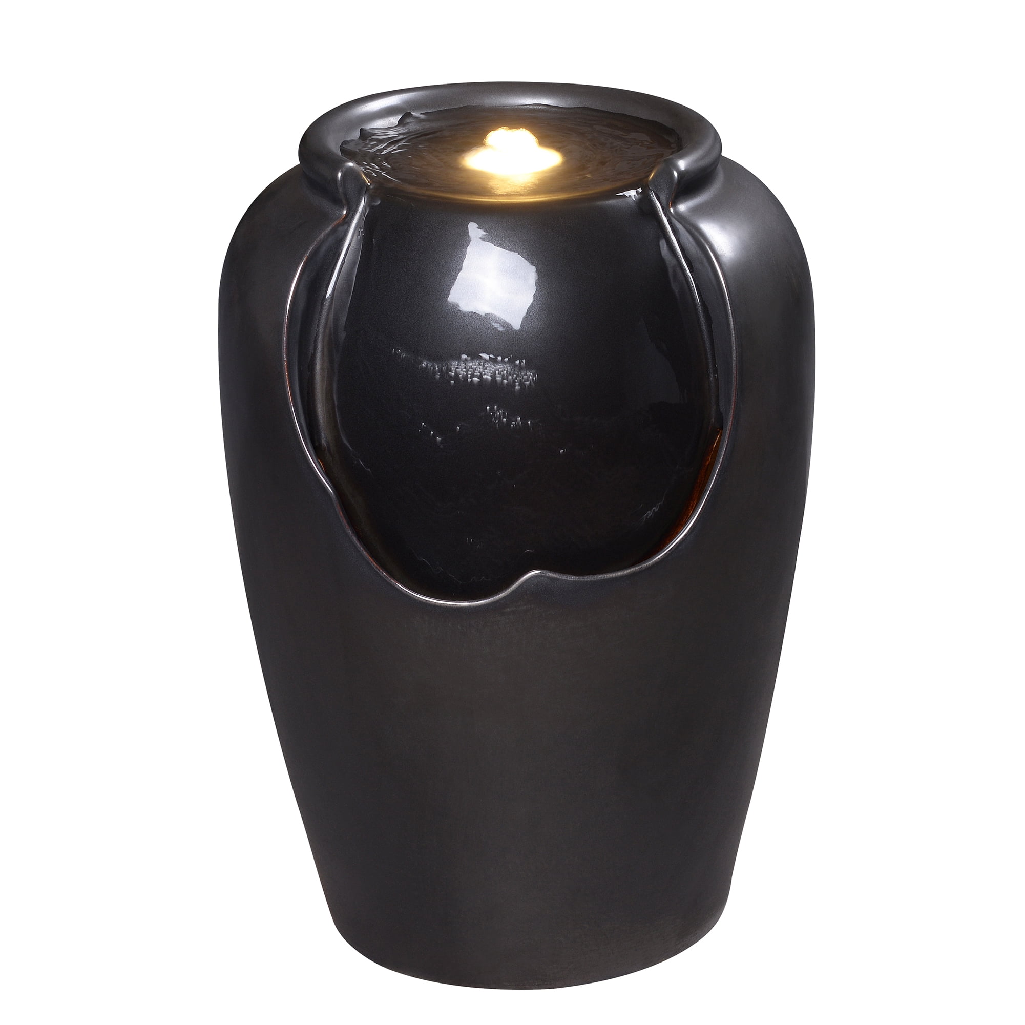 Black Ceramic Ripple Top Fountain, Decorative Water Fountain with LED Lights and Quiet Pump, Indoor Outdoor Water Feature for Patio, Garden, Deck, Balcony, Office and Home Décor