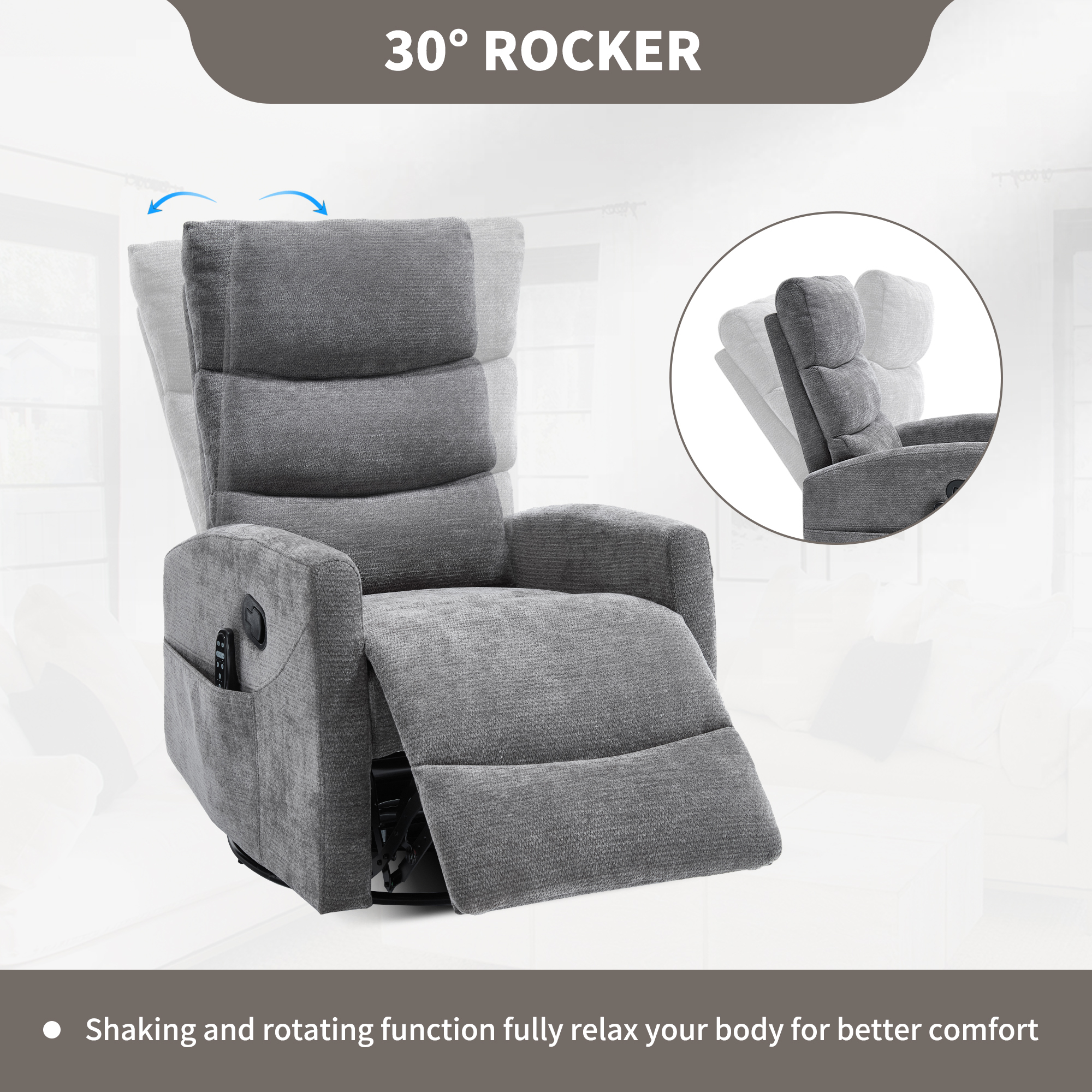 Leumius Swivel Recliner Chair,360° Glider Rocking Chair with Massage and Heating,Soft Chenille Small Manual Recliner for Nursery Home Theater,Dark Gray(Chenille)