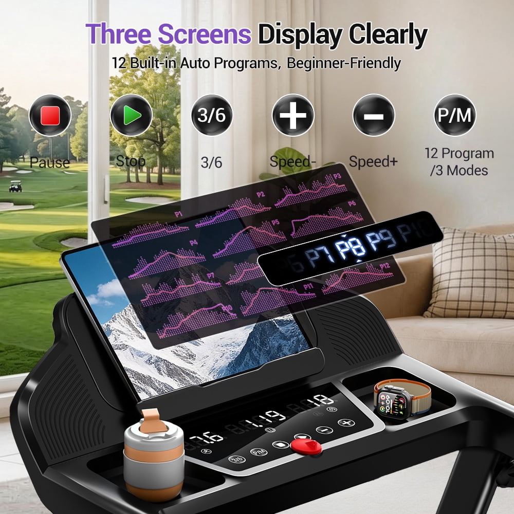 SONITU 16% Incline Folding Treadmill for Home, 3.0HP Quiet Motor, 300 lbs Capacity, 7-Layer Cushioning, 3 LED Displays with Handrails