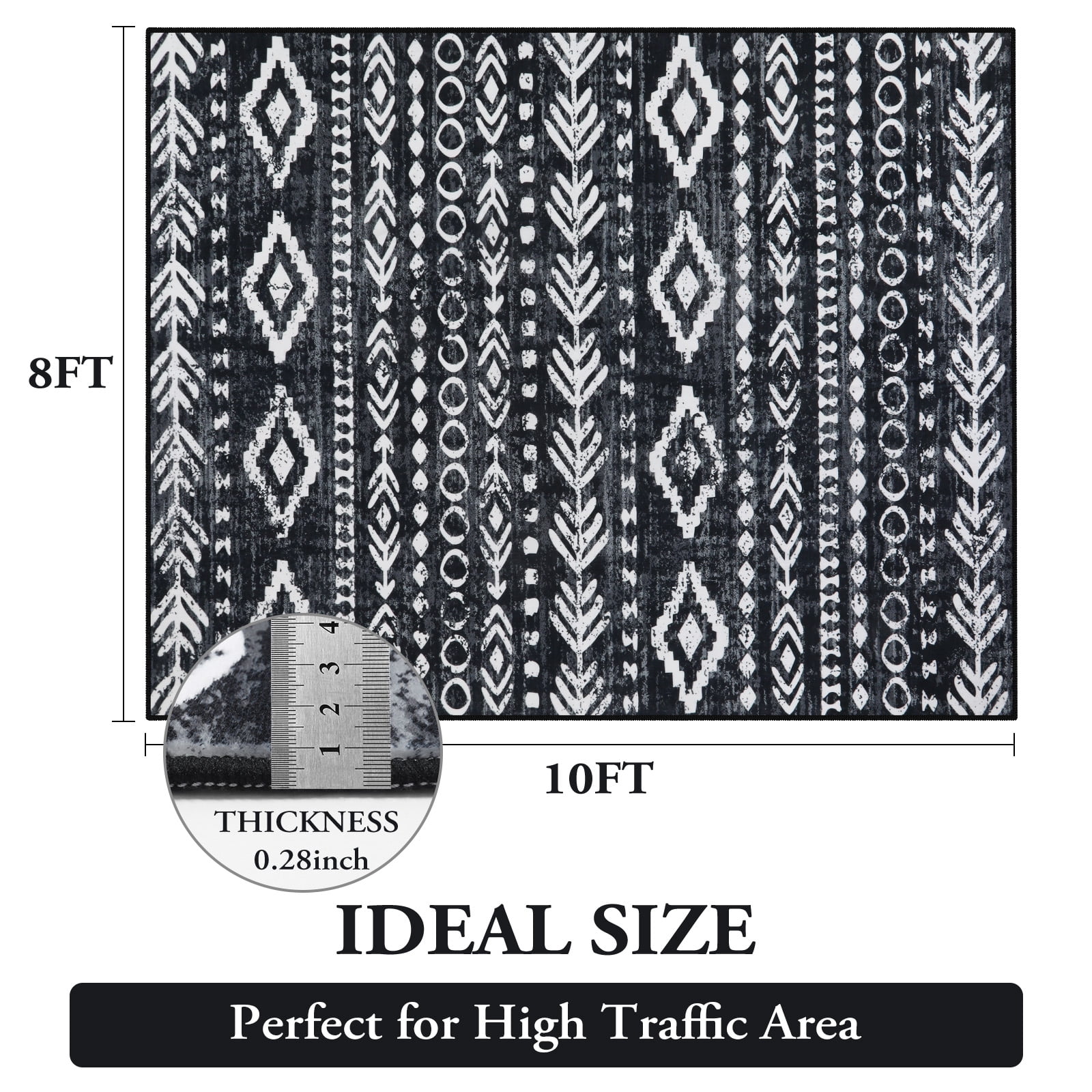 Moynesa 8'x10' Area Rug for Living Room Washable Bedroom Rugs Soft Indoor Carpet Moroccan Rustic Tribal Non Slip Mat Large Foldable Playroom Rug for Living Dining Laundry Room Office,Black White