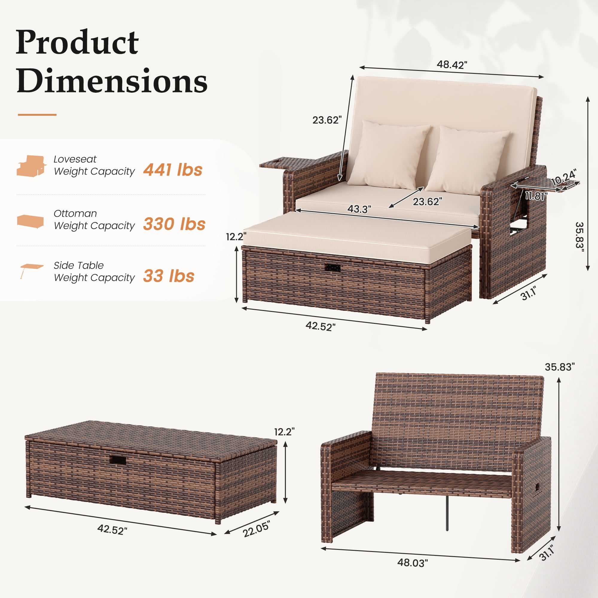 POTEBAN Wicker Outdoor Daybed-Outdoor Loveseat with Storage Ottoman, 4-Level Adjustable Backrest & Cushions for Balcony, Garden, Poolside (Beige)