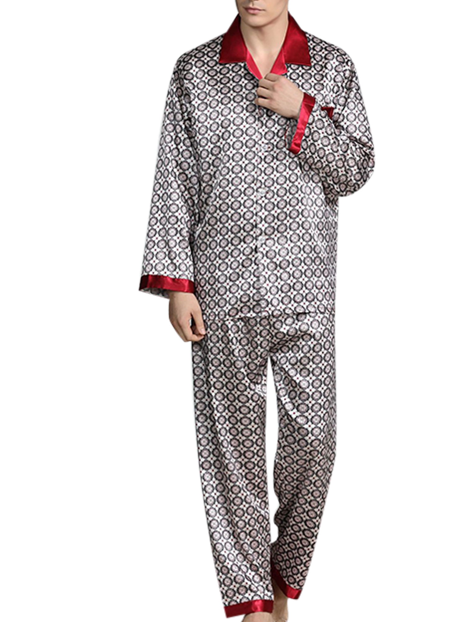 Avamo Mens Fashion Floral Print Stain Silk Pajamas Set Long Sleeve Sleepwear  Shirts and Pants Lounge Bath Homewear Nightwear 