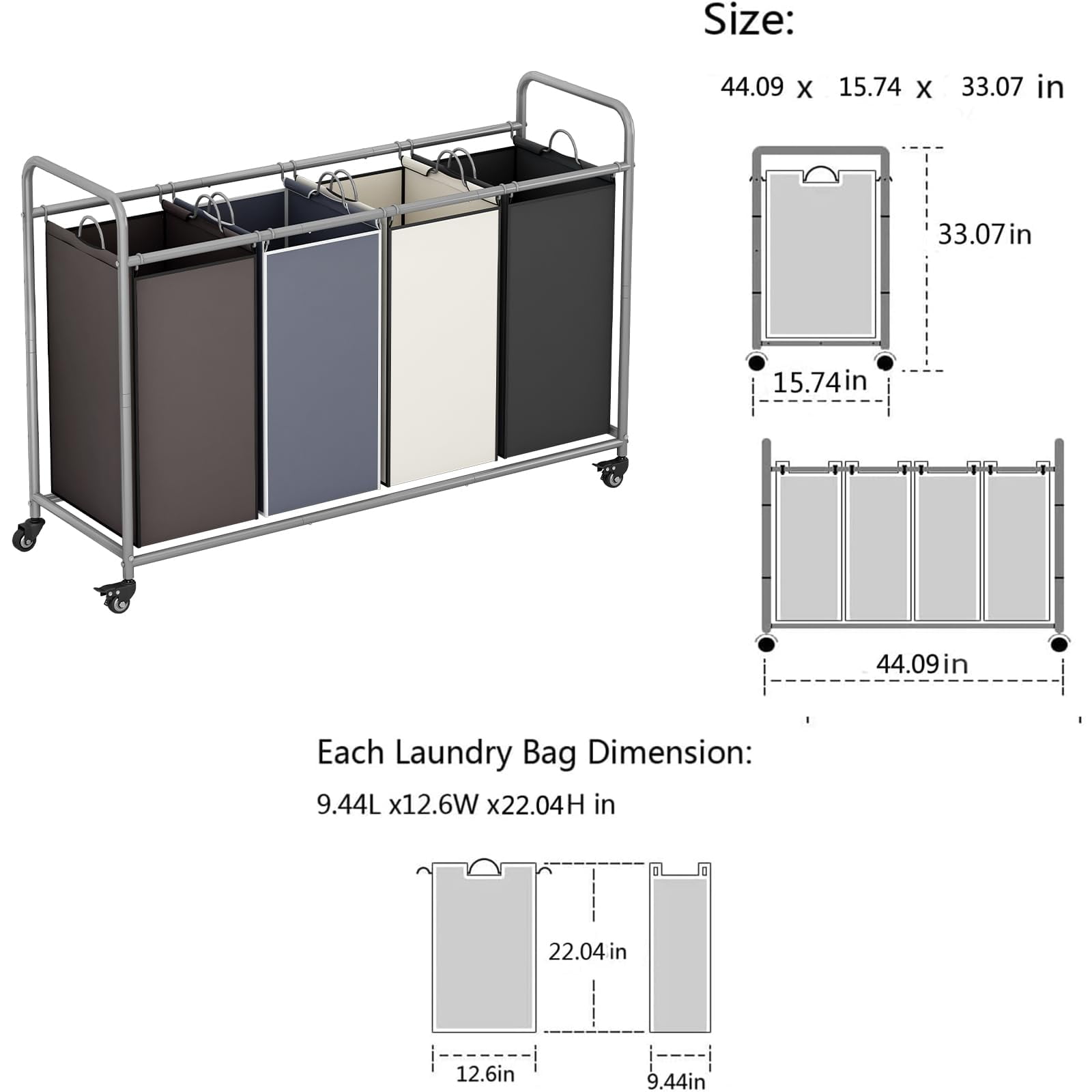4 Bag Laundry Basket Sorter Laundry Hamper Cart with Heavy Duty Rolling Lockable Wheels and Removable Bags Organiser