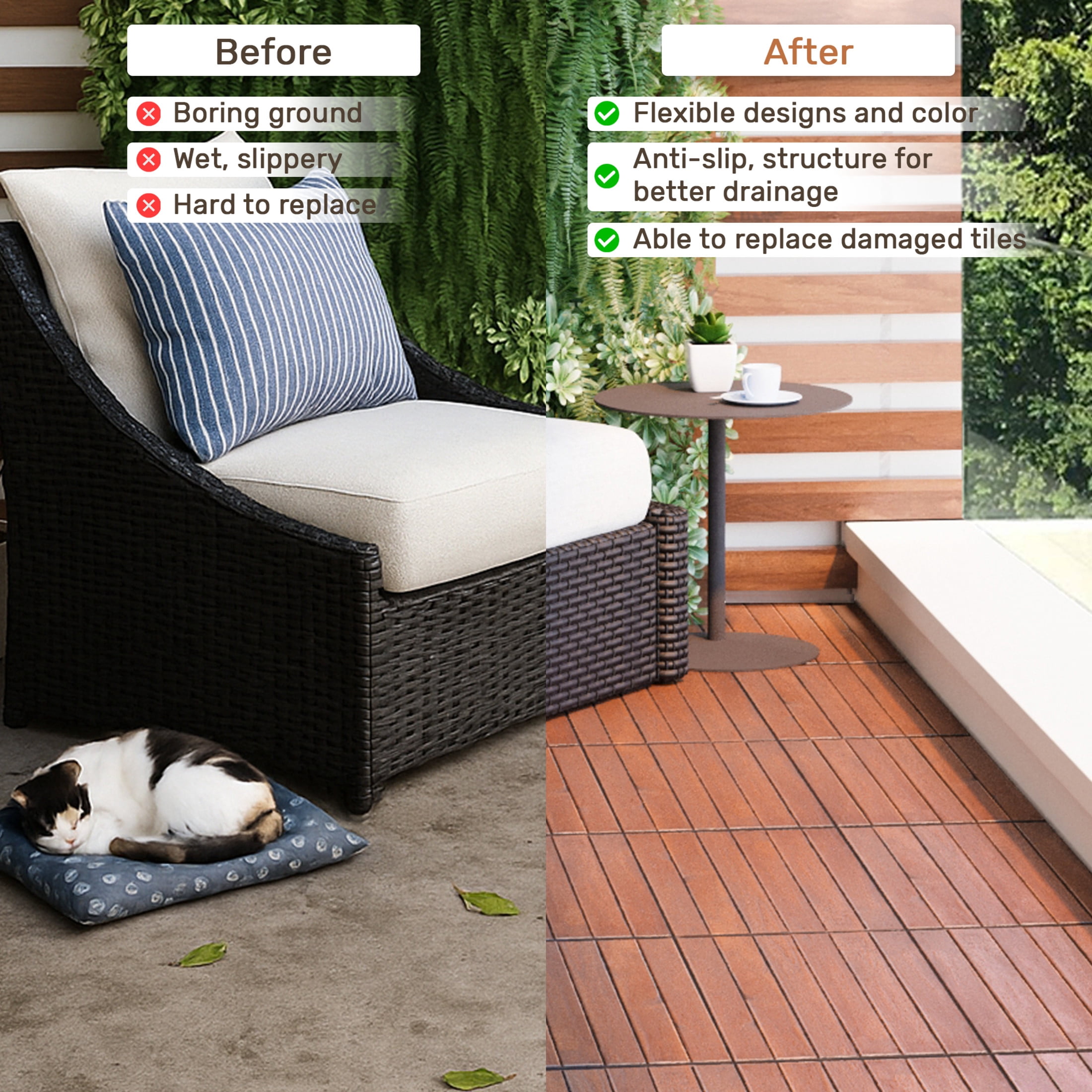 Noble House 12" Striped Acacia Wood Interlocking Square Deck Tiles, Weather Resistant Outdoor Flooring, Brown, 30 PCS