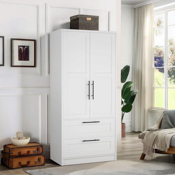 Garvee Wooden Armoire Wardrobe Closet with 2 Drawers, Freestanding Wardrobe Clothing Storage Cabinet with Door and Shelves, Wood Clothing Storage Cabinets for Bedroom, Laundry Room, Cloak Room, White