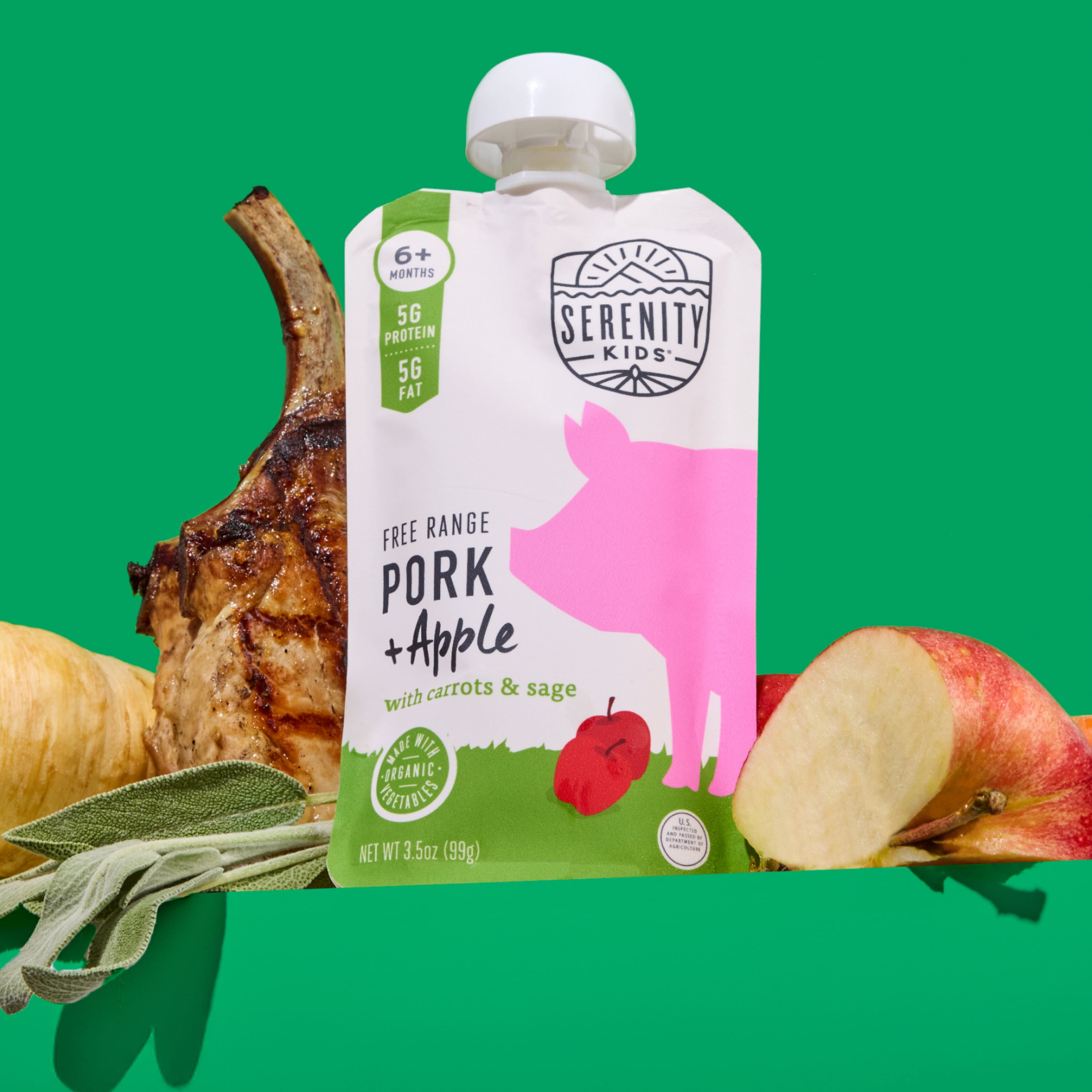 (12 pack) Serenity Kids Stage 2 Baby Food Pouch Free Range Pork & Apple with Organic Carrots & Sage - 3.5oz