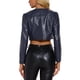 thumbnail image 3 of Chaquetas cortas de cuero PU Inspire Chic para mujer, chaqueta de manga larga de frente abierto, color azul oscuro, 3 of 5