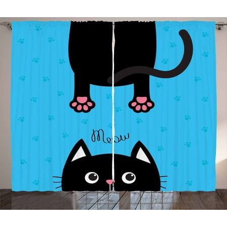 Kawaii Curtains 2 Panels Set, Kawaii Style Hanging Fat Cat Body with Paws and Round Kitten Pet Face Cartoon, Window Drapes for Living Room Bedroom, 108W X 108L Inches, Black Pink Blue, by Ambesonne
