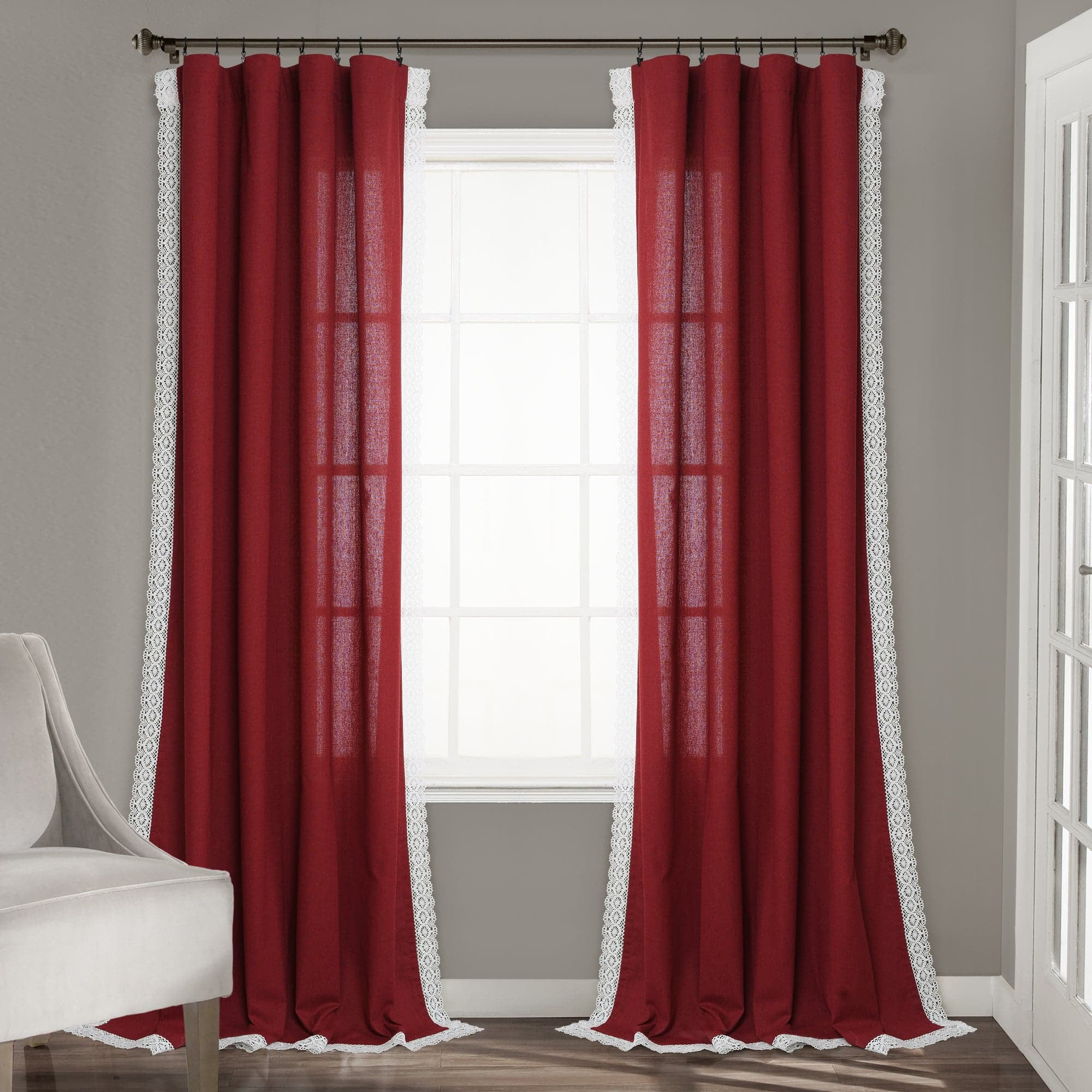 Lush Decor Rosalie Faux Linen Delicate Lace Edge Solid Color 3" Rod Pocket Light Filtering Window Curtain Panel, Ivory, 63"L x 54"W, Set of 2