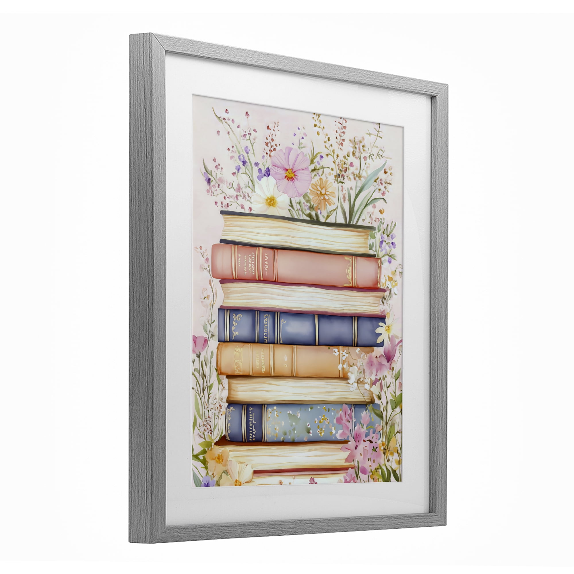 Stupell Industries Blooming Bookstack in Pastels Gray Framed Print Under Glass, design by LSR Design Studio