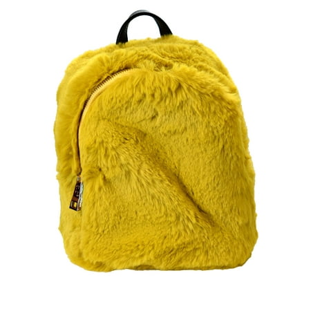 C.C Women's Faux Fur Fuzzy Backpack Schoolbag Shoulder Bag Purse, Single Zipper Mustard