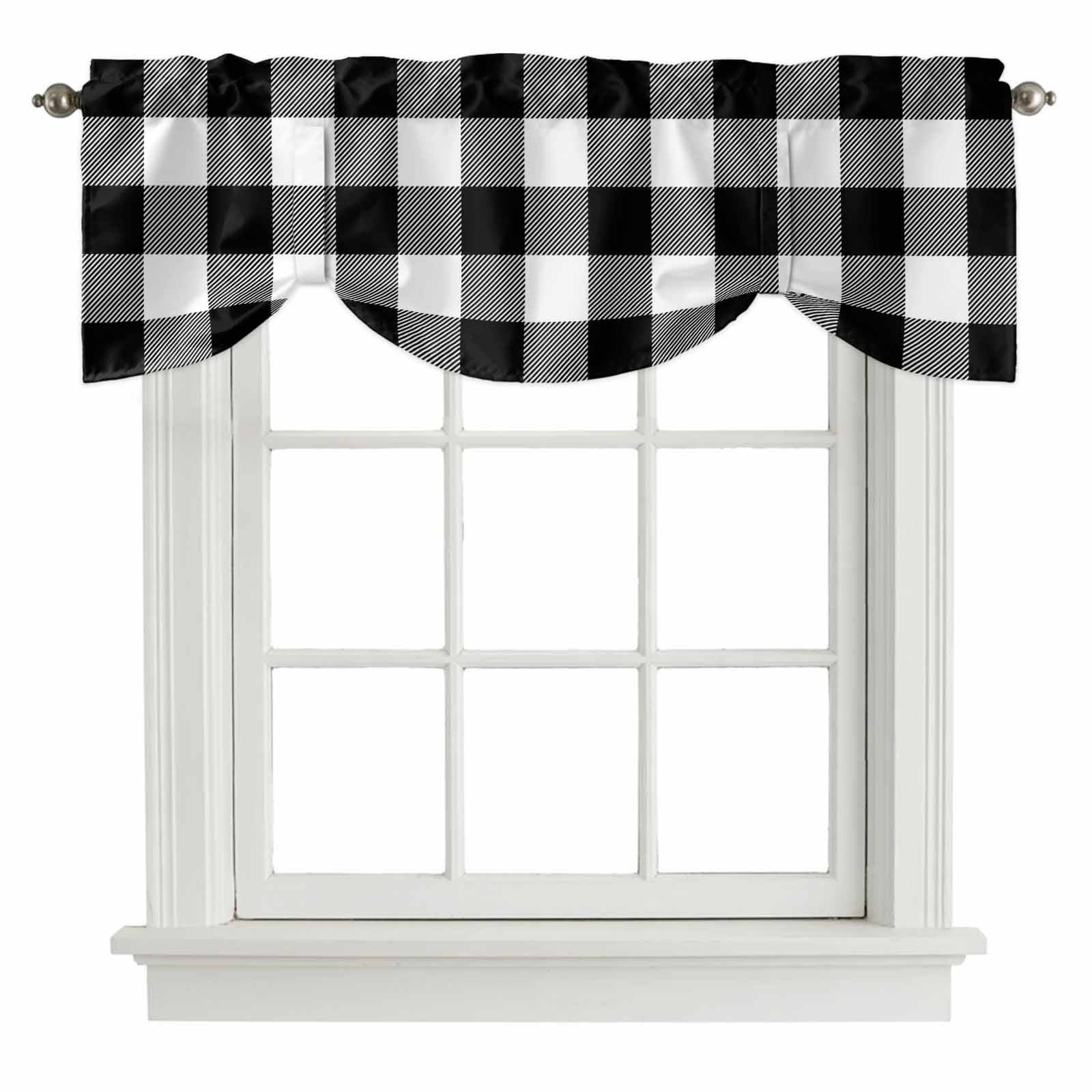 Black White Buffalo Plaid Tie Up Valances Curtain, Adjustable Kitchen Modern Abstract Valances for Windows Decor, Rod Pocket Short Curtains Set for Bedroom/Bathroom, 60"x18"