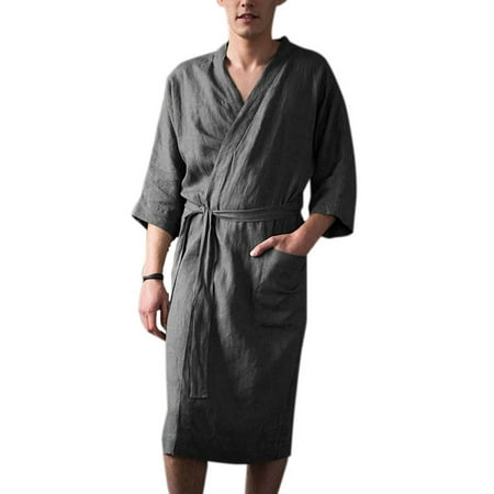 Men's Plus Size Belt Linen Kimono Bathrobe Lace Up Pockets (Best Bathrobes In The World)