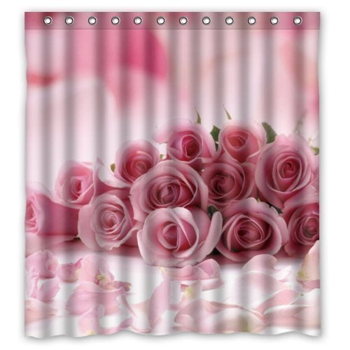 Pink Rose Flower Print Waterproof Bath Shower Curtain Polyester Washable Fabric