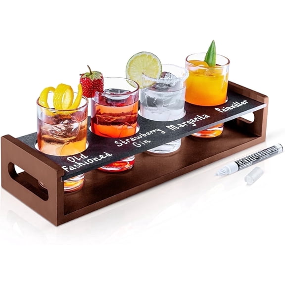 Ksestor Drink Flight Board Wood Tray Set with 4 Glasses 5 oz Beer Wine Whiskey Tasting Board