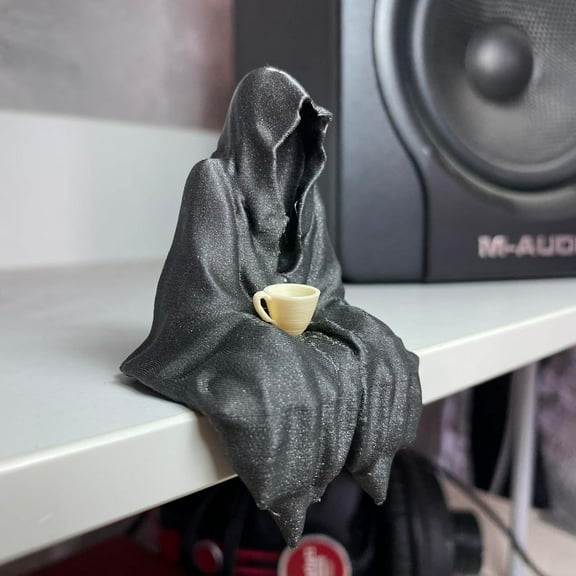 Sitting Hooded Figurine with Coffee Cup Tea Cup Grim Aesthetic Miniature Spirit Sculpture Gothic Decor for Shelf Desk Decor