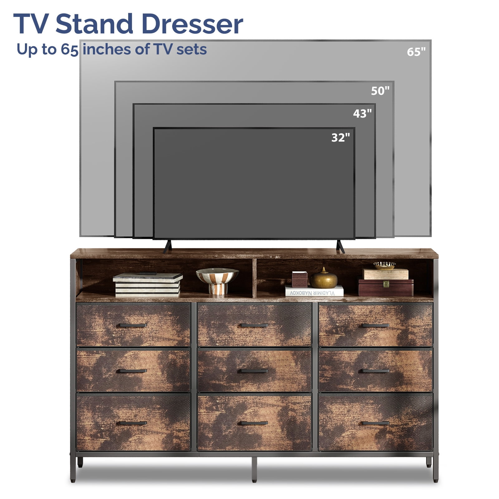 9-Piece Non-Woven Fabric Drawer Cabinet with Shelves, 55 x 11.8 x 34 in, Rotten Wood