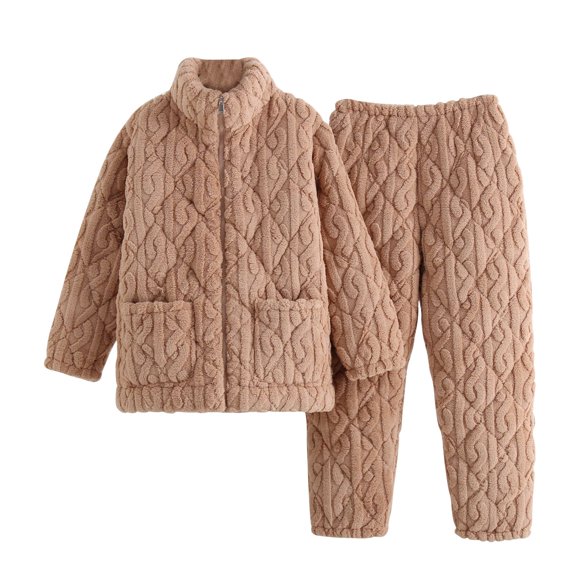 Xfvqtps Women Fuzzy Pajama Set with Pockets Stand Collar Open Front with Zipper Long Sleeve Solid Color Ribbed Pattern Thickened Cozy Soft House Casual Warm Winter Top Pants Set Coffee