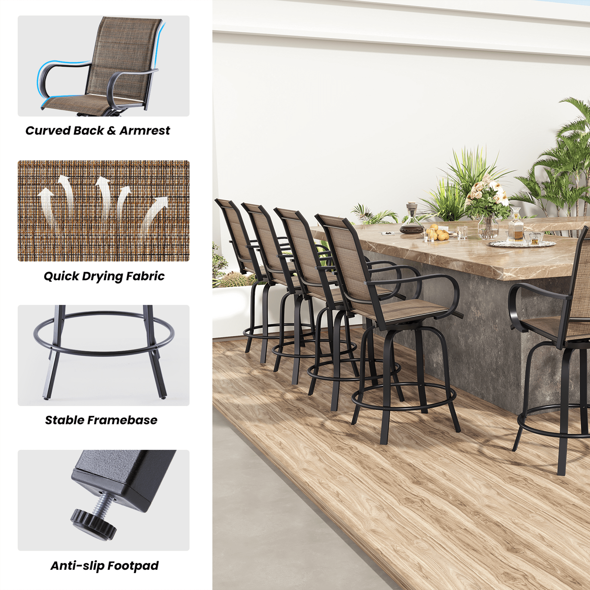 MAYEERTY 2-Piece Outdoor Bar Height Tall Stools Set,Paded Textilene,360°Swivel, Ergonomic for Balcony, Brown