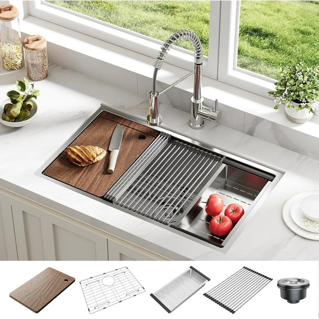 Fregadero Undermount Negro de 32 Pulgadas, Acero Inoxidable de 16 Gauge, Tazón Único Profundo con Accesorios Deslizantes para Cocina y RV