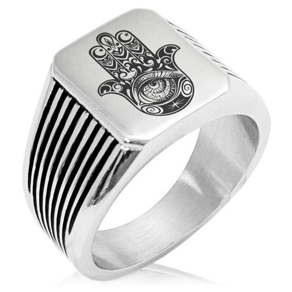 Stainless Steel Crescent Hamsa Hand of Fatima Needle Stripe Pattern Biker Style Polished Ring