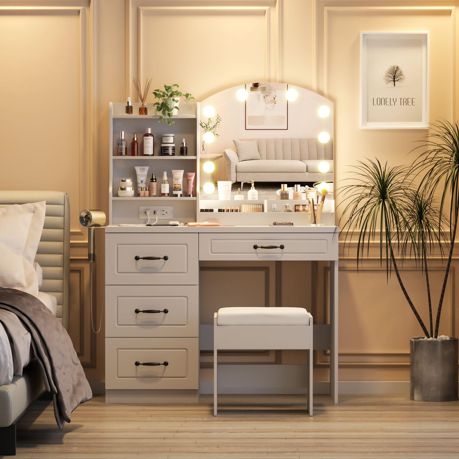 VEANERWOOD Vanity Desk Set with Lights and Power Strip,4 Drawers Vanity Set Makeup Table, 3 Lighting Colors, White