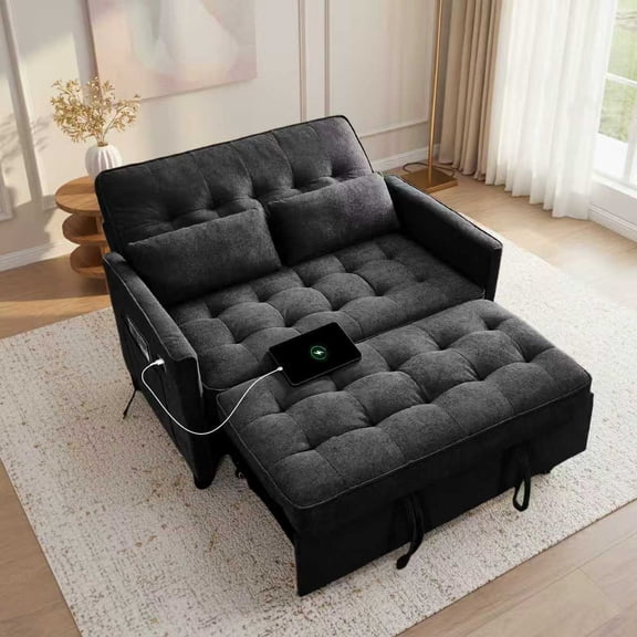 Howcool 55" Convertible Sofa Bed Pull Out Couch Sleeper Sofa with Adjustable Backrest USB Charging Ports Side Pocket Terry Cloth Fabric for Living Room Small Spaces,Black