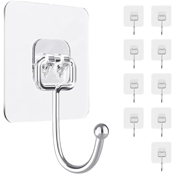Adhesive Hooks, Hold 33lb(Max) Heavy Duty Sticky Hooks,Waterproof and Rustproof Wall Hooks for Hanging Can be Use Kitchen Bathroom Ceiling Office Window Home Improvement (Transparent 10PCS)
