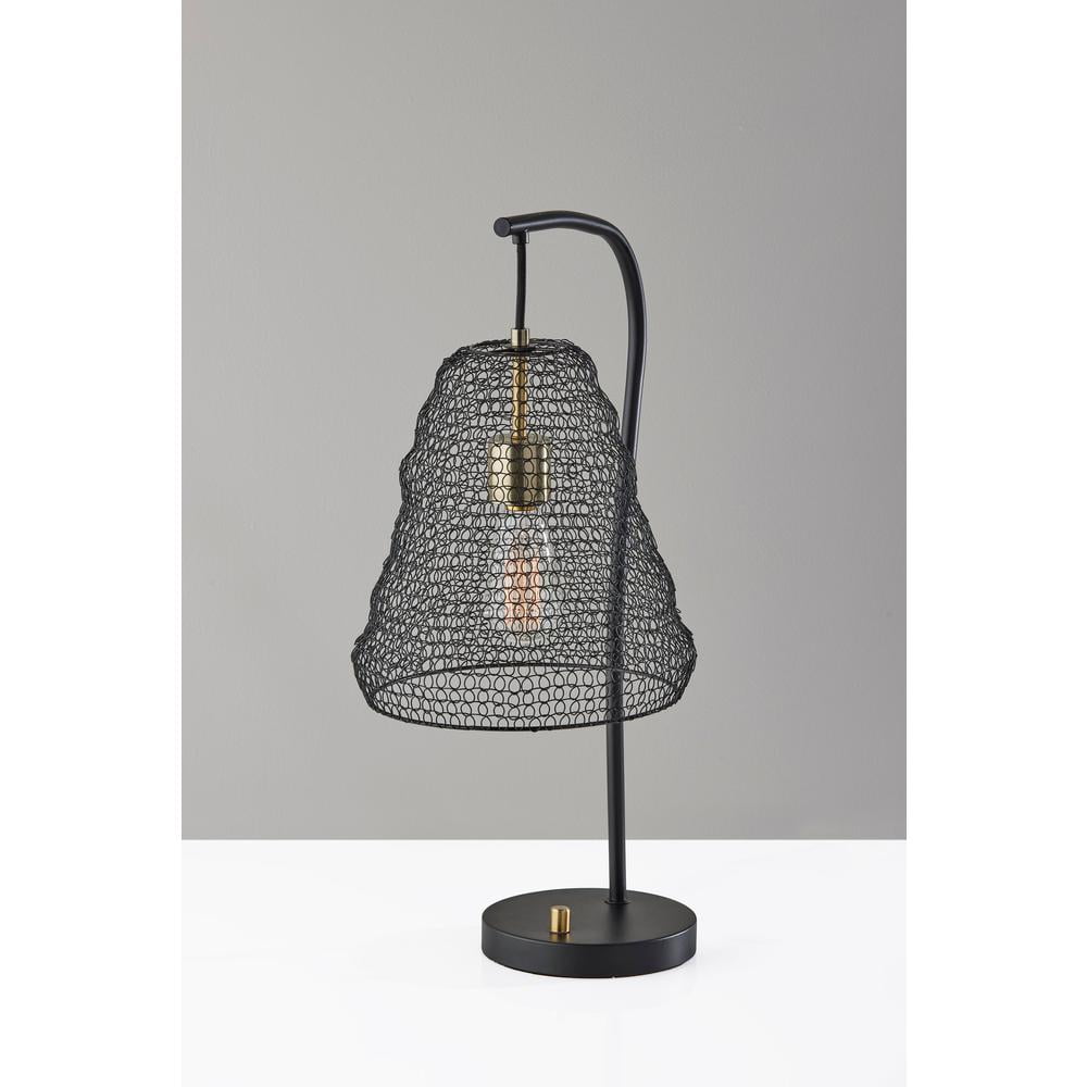 Adesso Sheridan Table Lamp, Black with Antique Brass Accents, Metal Wire Mesh Shade