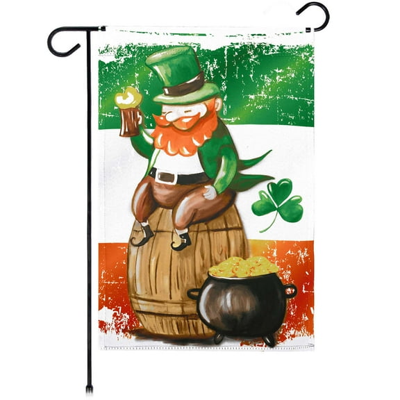 G128 Happy St. Patrick’s Day Leprechaun Barrel Gold Garden Flag 12x18 In Double Sided St. Patrick's Day Yard Garden Lawn Decoration