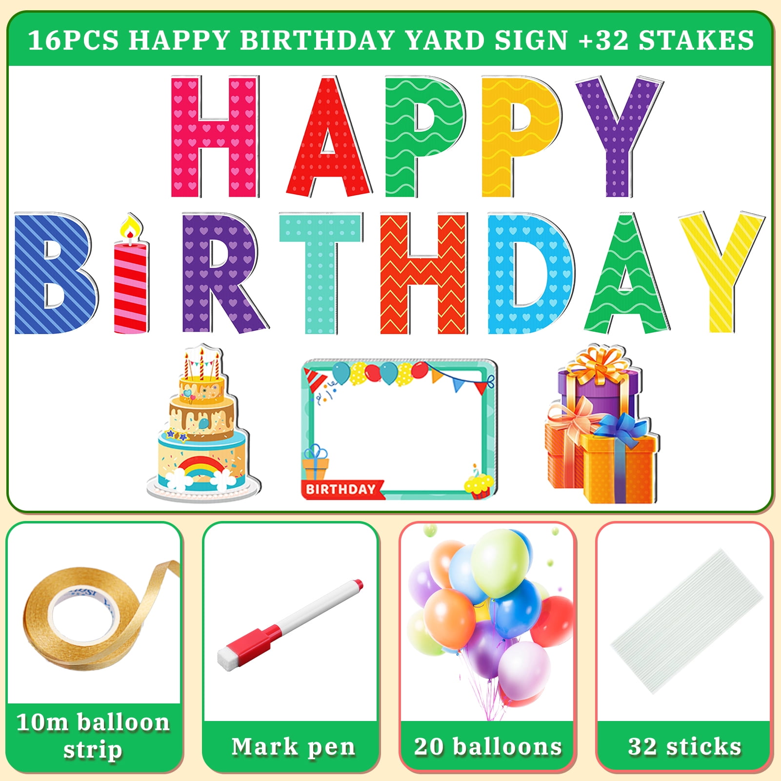 Yalumo Happy Birthday Yard Sign with Stakes, 16pcs Personalized Happy Birthday Yard Sign Colorful Weatherproof Birthday Lawn Sign for Outdoor Yard Decorations Garden Party