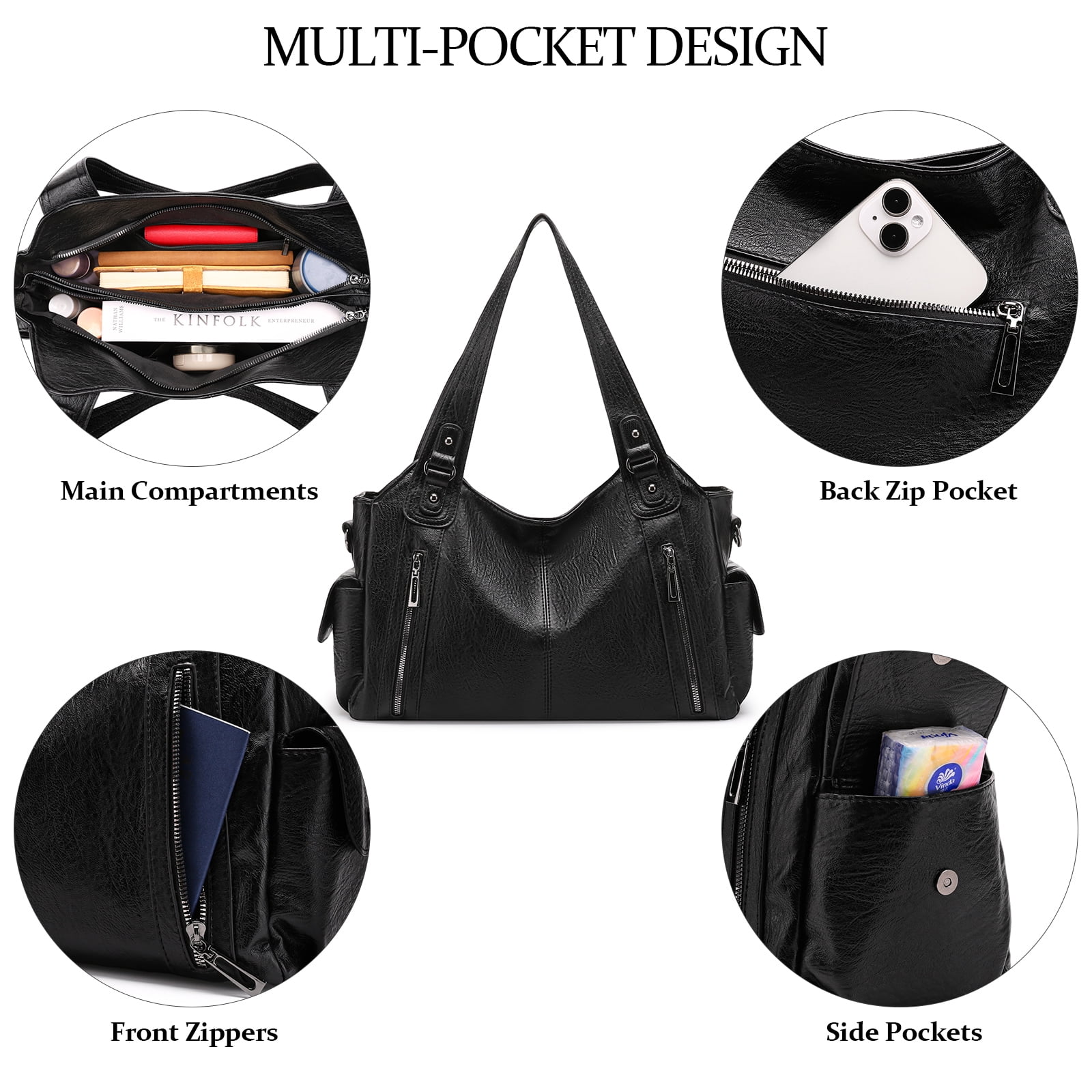 KALUNMA Handbags for Women Large Hobo Shoulder Bags Soft PU Leather Multi-Pocket Tote Bag