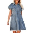 thumbnail image 1 of Robes Décontractées pour Femmes Couleur Unie Manches Courtes Robe Courte en Denim Mini Robe d'Été de Plage pour Dames, 1 of 7
